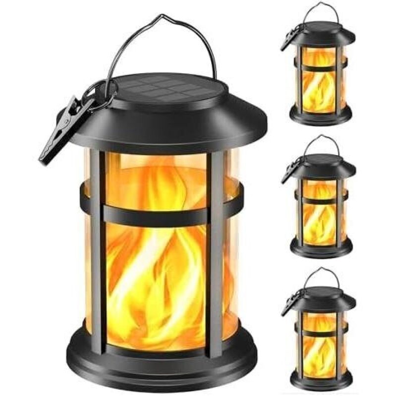 Four Pack Solar-Powered Outdoor Lanterns with Fire Simulation - 56% Discount
