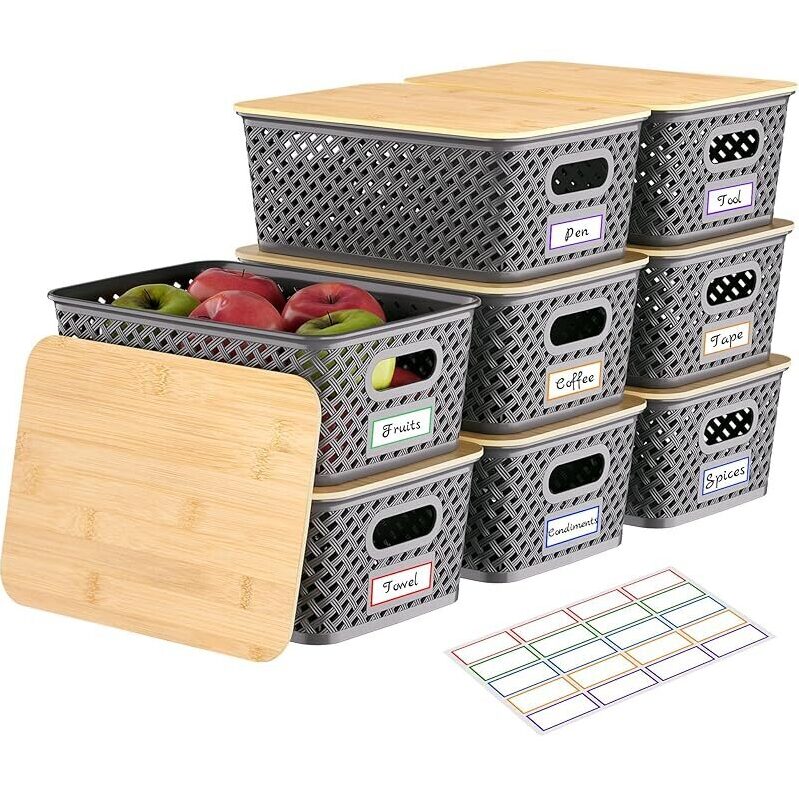 8-Pack Plastic Storage Bins with Bamboo Lids