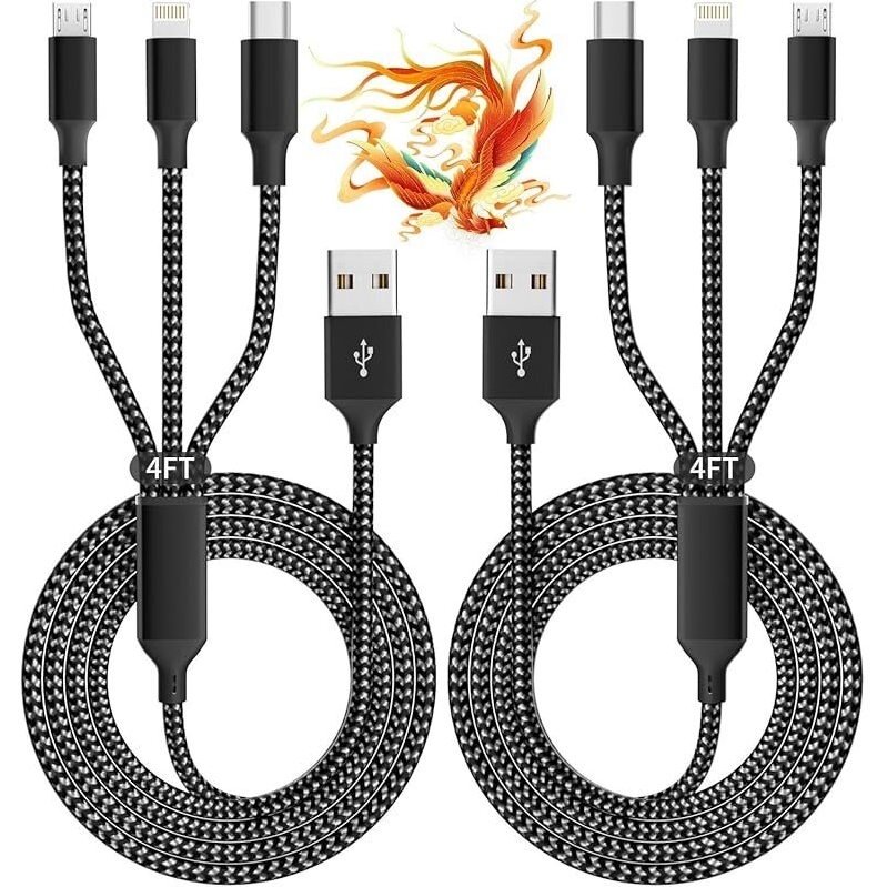 Idison 3-in-1 4ft USB-A to USB-C, Apple Lightning, MicroUSB Cable (2-Pack)