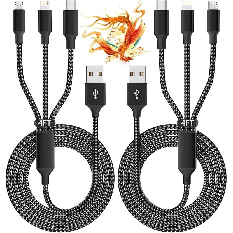 Idison 3-in-1 4ft USB-A to USB-C, Apple Lightning, MicroUSB Cable (2-Pack)