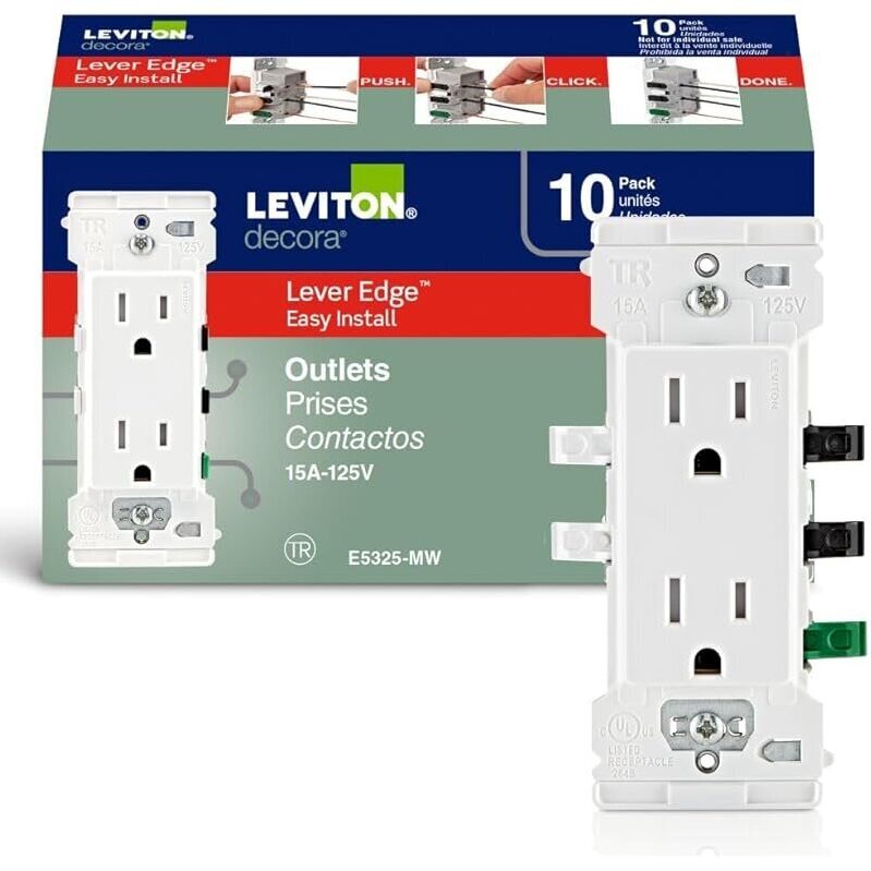 10-pk Leviton Lever Edge 15 Amp Tamper-Resistant Duplex Wall Outlet