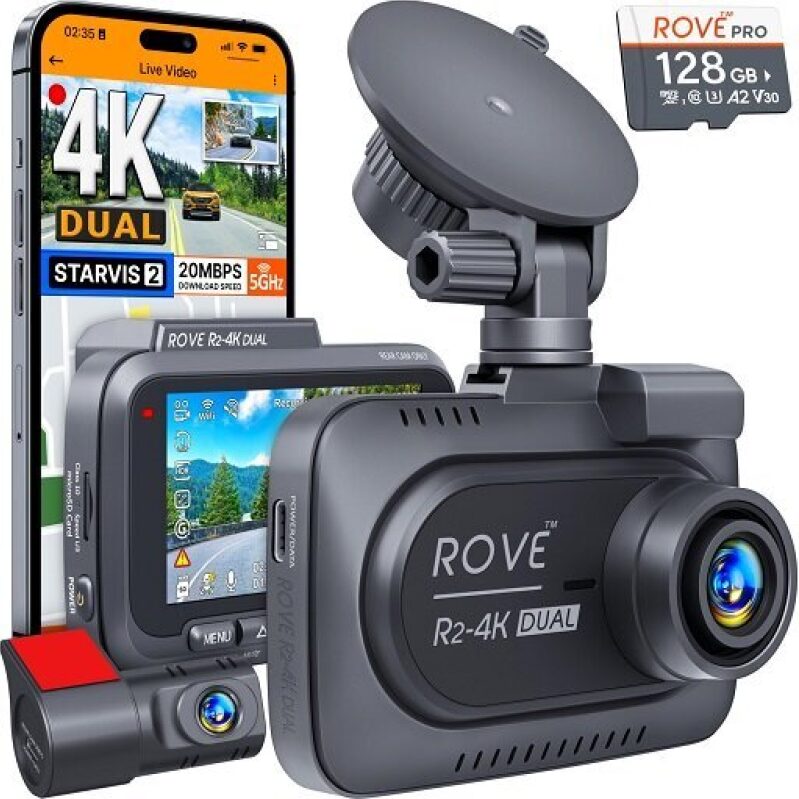 ROVE R2-4K Dual Dash Cam - Dual Front & Rear Cameras, 4K, 3-Inch Screen, 128GB Included