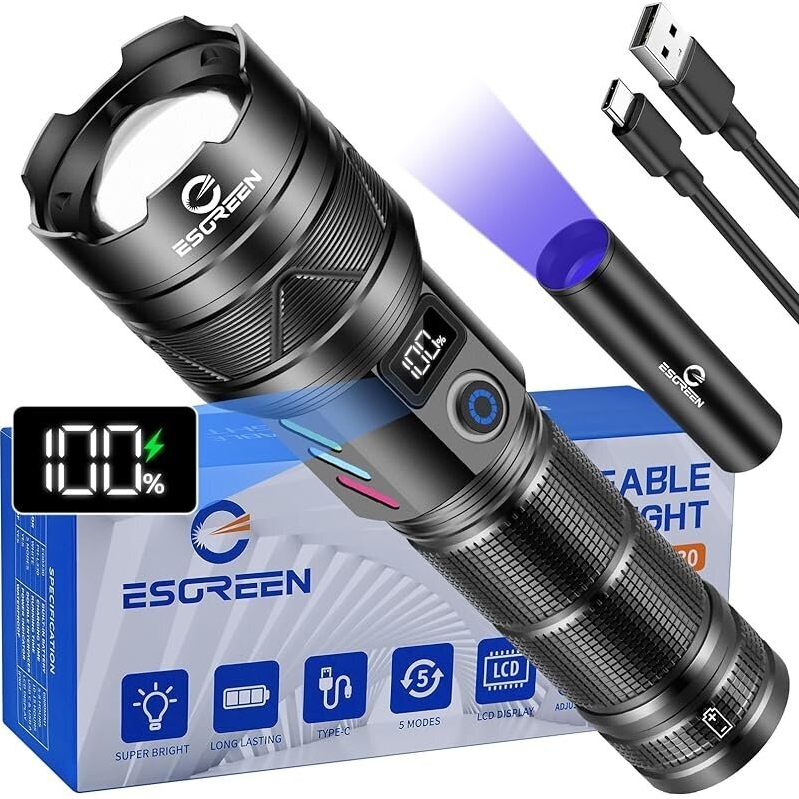 ESGREEN ED0330 Rechargeable LED Flashlight with UV Light - High Lumens, Long-Lasting Battery, 5 Modes