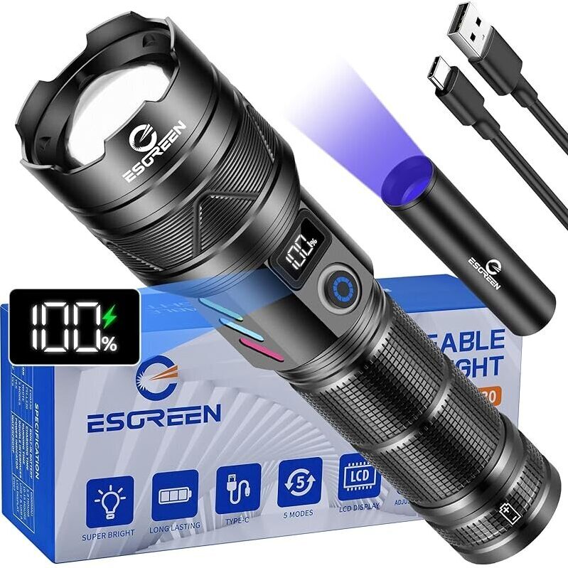 ESGREEN ED0330 Rechargeable LED Flashlight with UV Light - High Lumens, Long-Lasting Battery, 5 Modes