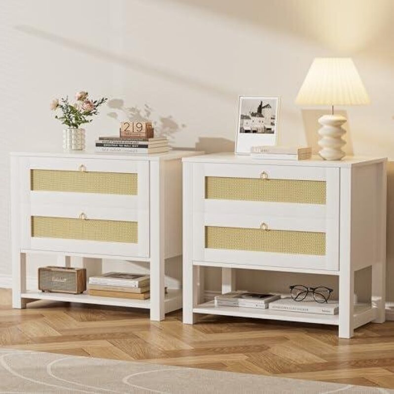 Double White Bedside Tables with 2 Wicker Drawers & Open Storage - 45% OFF