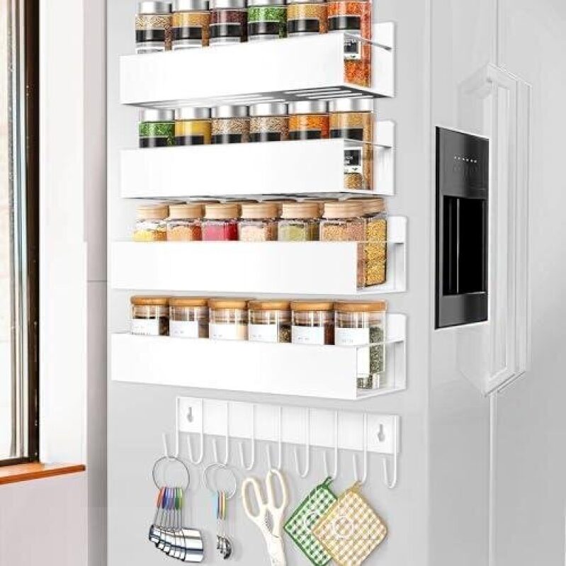 Magnetic Spice Rack for Refrigerator - 4-Piece Set with Hooks & Screws - 50% Discount