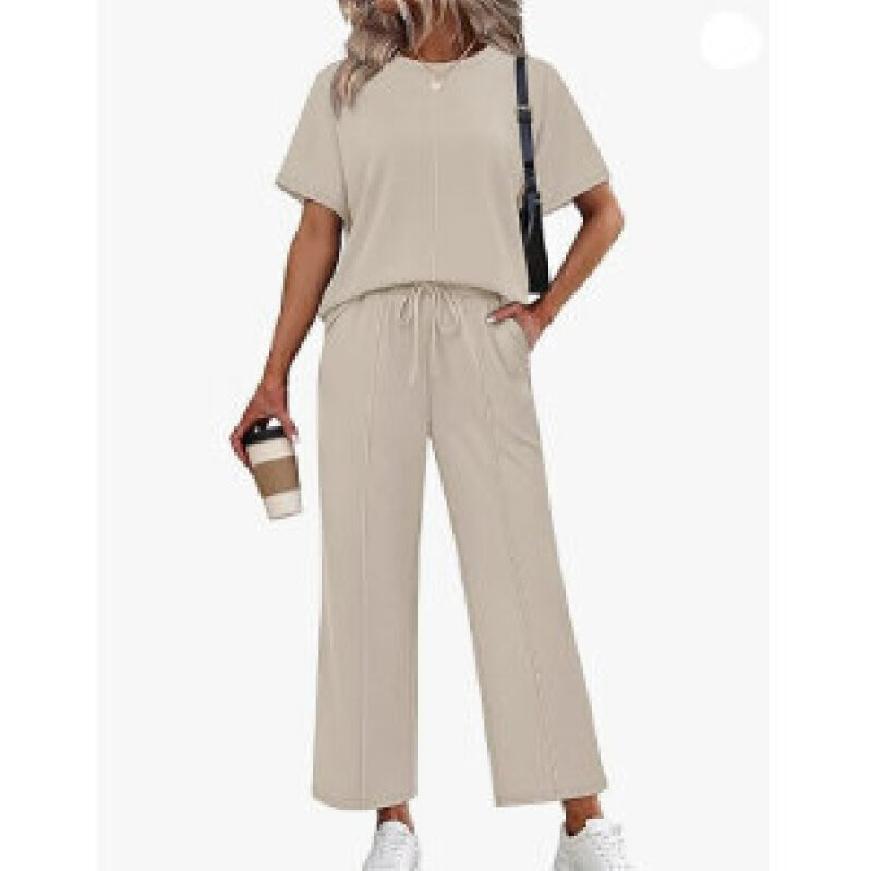 Elegant Beige 2-Piece Set: T-shirt & Wide-Leg Pants