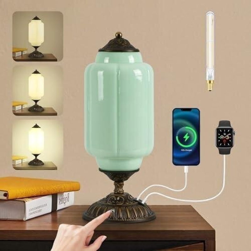Vintage 3-Speed Dimmable Touch Control Milk Glass Desk Lamp with USB Charging - 70% OFF