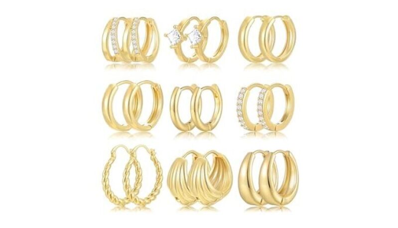 9 Pairs Gold and Silver Hoop Huggie Earrings Set for Women
