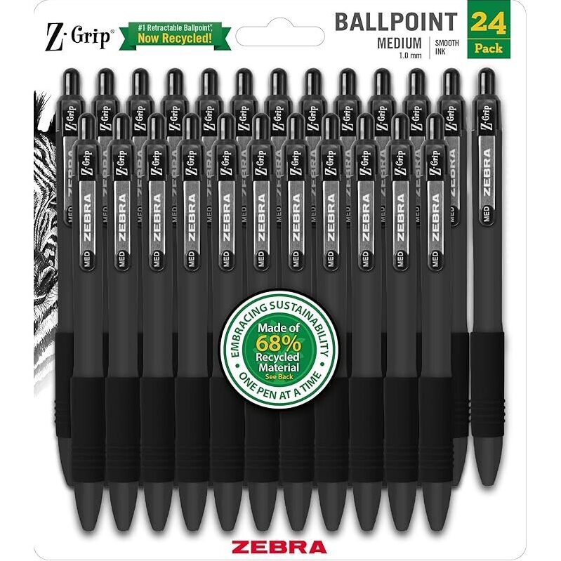 24-Pack Zebra Z-Grip Recycled Retractable Ballpoint Pens - Smooth Writing, Durable, Eco-Friendly