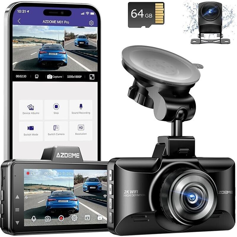 AZDOME M01 Pro 3K WiFi Dash Cam: Front and Rear with 64GB Card