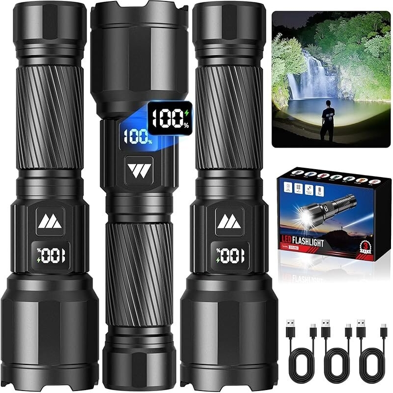 Powerful 3-Pack 6000-Lumen Rechargeable Flashlight - Ultimate Visibility