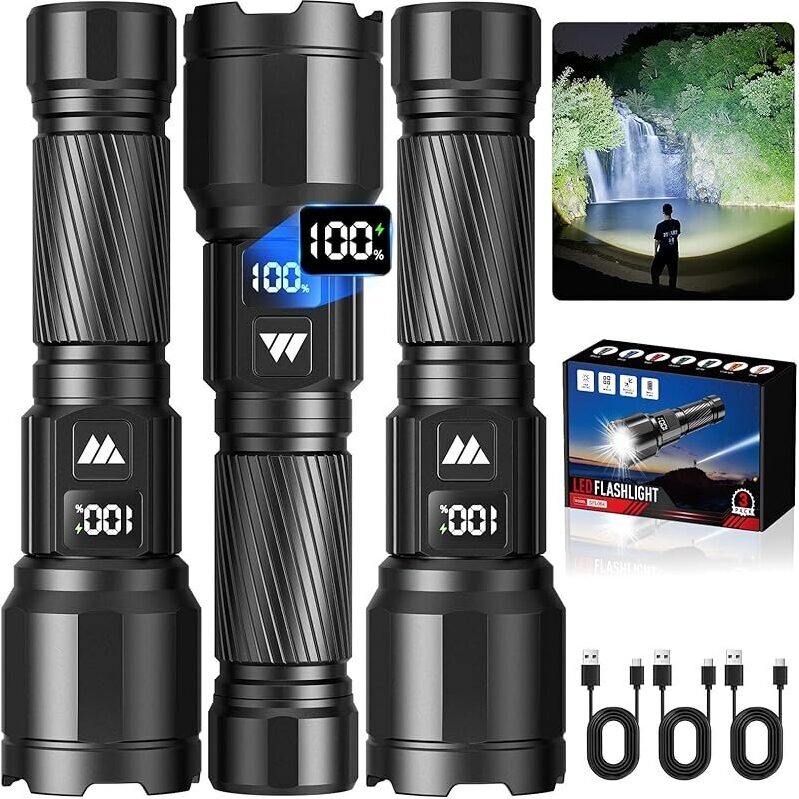Powerful 3-Pack 6000-Lumen Rechargeable Flashlight - Ultimate Visibility