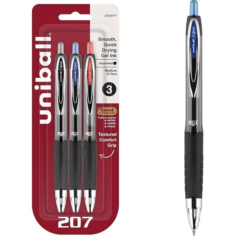 3-Pack Uniball 207 Retractable Gel Pens, Medium Point 0.7mm
