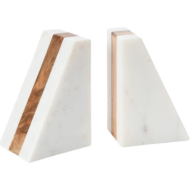 Elegant Marble Geometric Bookends with Wood Inlay - Timeless Beauty for Your Bookshelves