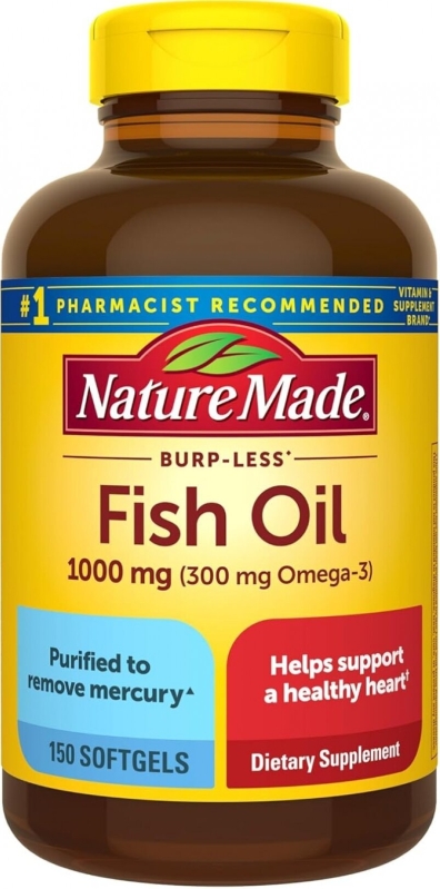 Nature Made Burp Less Fish Oil Omega 3 Supplements, 1000mg Softgels, Omega 3 Fish Oil Supplements for Healthy Heart Support, 150 Softgels, 75 Day Supply