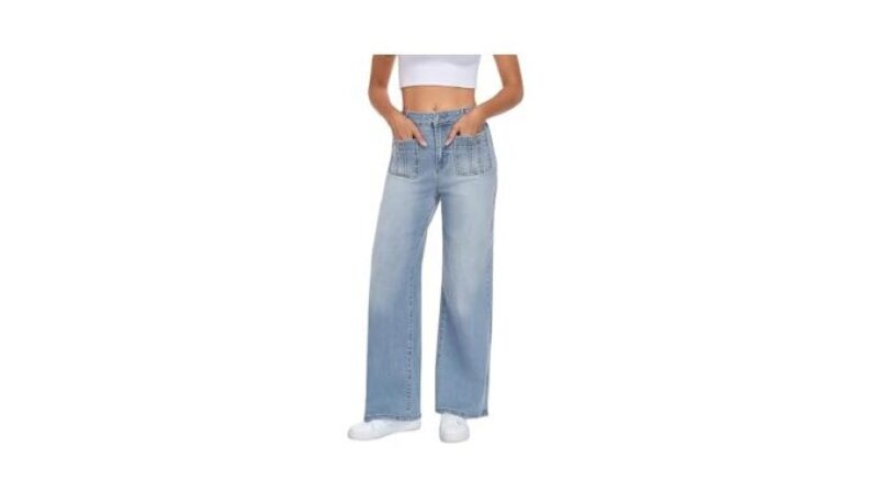 MARIASHA Wide Leg Jeans - High Waist Stretchy Baggy Blue Washed Denim Pants with Dual Pockets