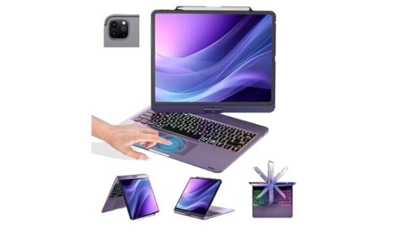 Enhance Your iPad Productivity with the 360° Swivel TouchPad Dark Purple Keyboard