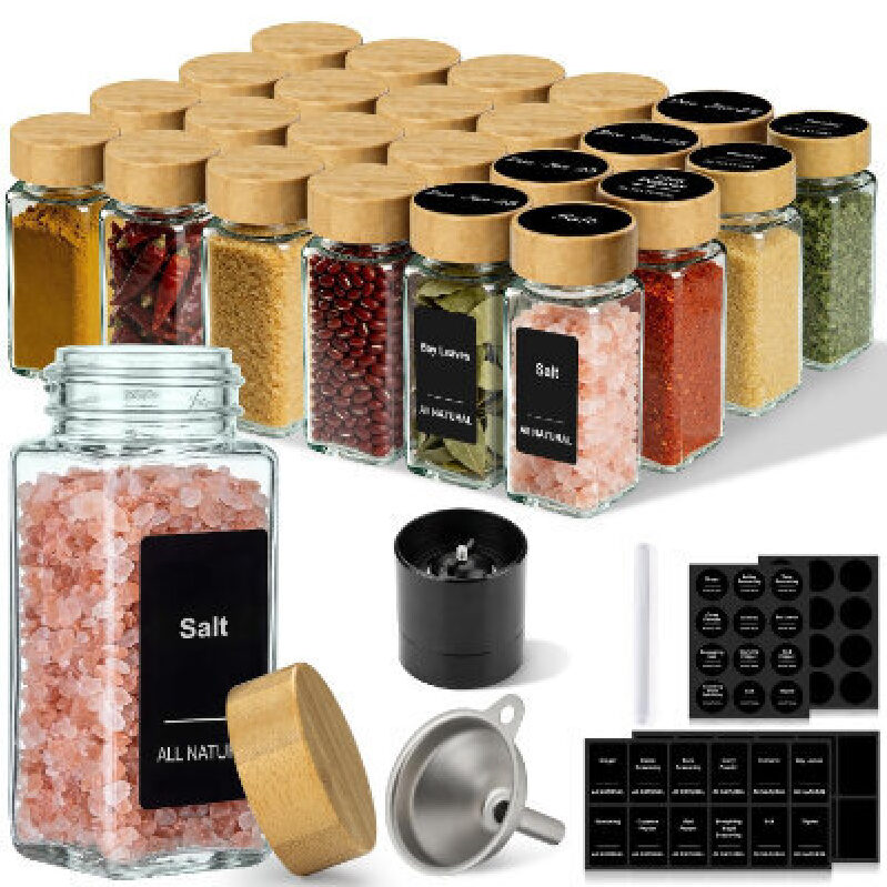 24-Piece Square Glass Spice Jars with Bamboo Lids - All-Natural Storage