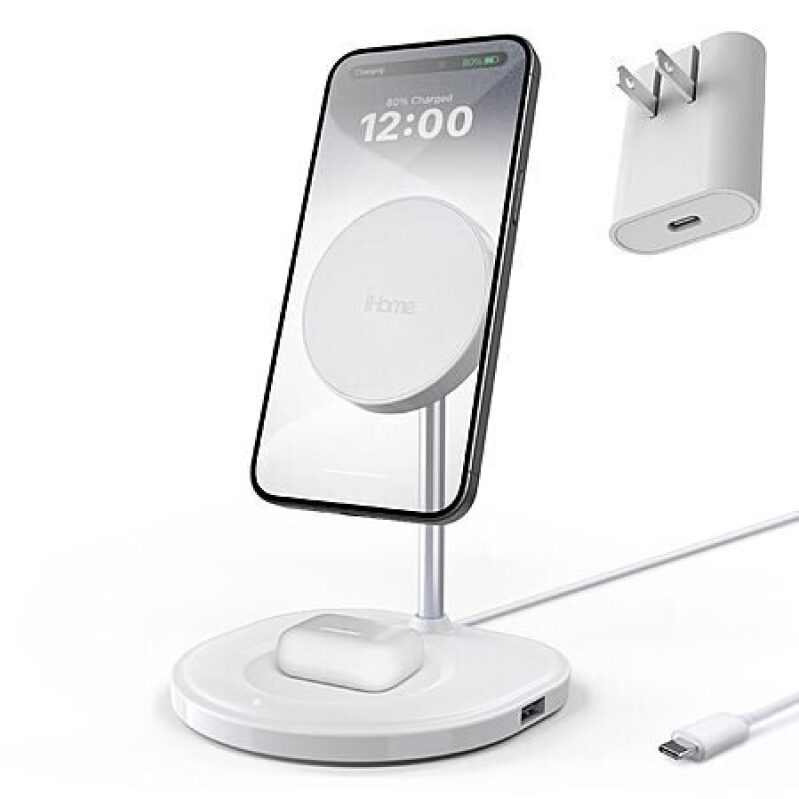 iHome 3-in-1 Magnetic Charging Stand: Wireless Charger for iPhone, AirPods & More