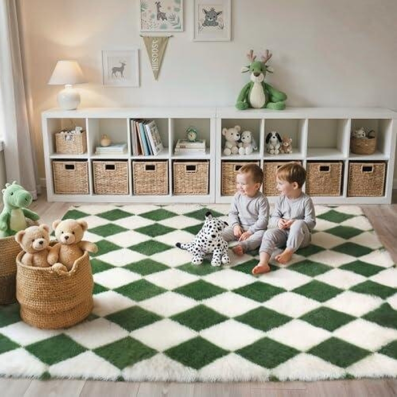 Genimo 5×7 Green and White Checkered Soft Plush Carpet - 40% OFF