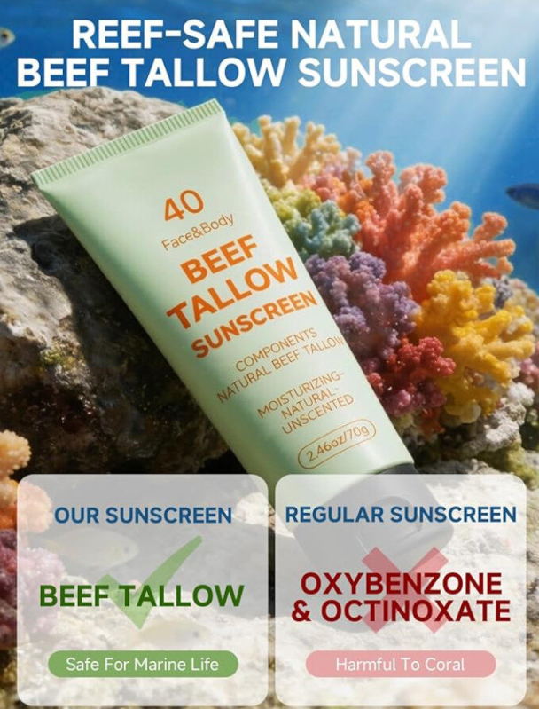 Natural Organic Beef Tallow Sunscreen - Reef-Safe, Organic, SPF 40
