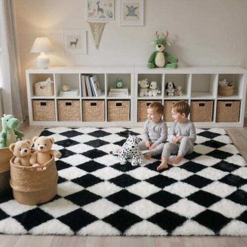 Genimo 5x7 Black and White Checkered Soft Plush Rug - 40% OFF