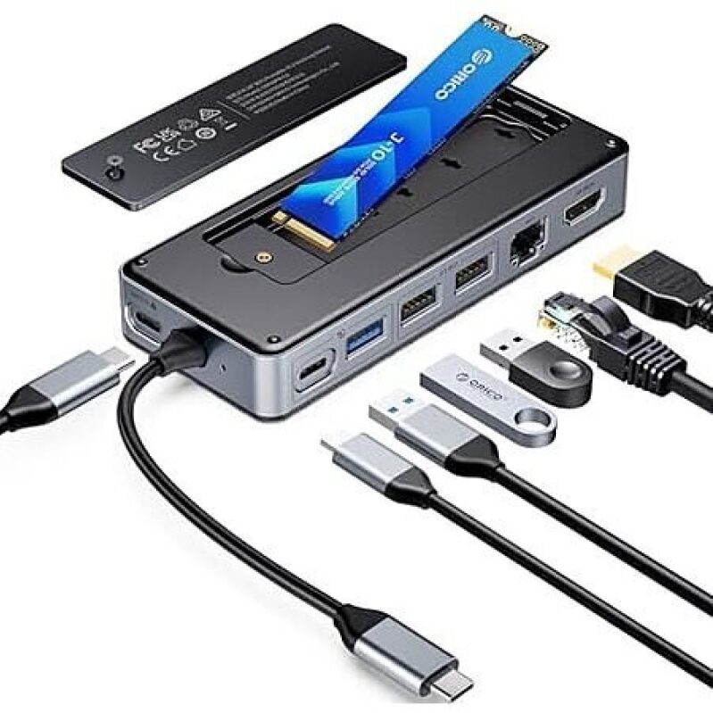 ORICO 8-in-1 USB-C Docking Station Hub with M.2 SSD Enclosure & 100W PD