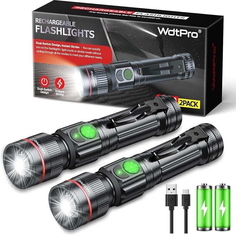 Brighten Your Nights with WdtPro Rechargeable Flashlights - High Lumens 2-Pack