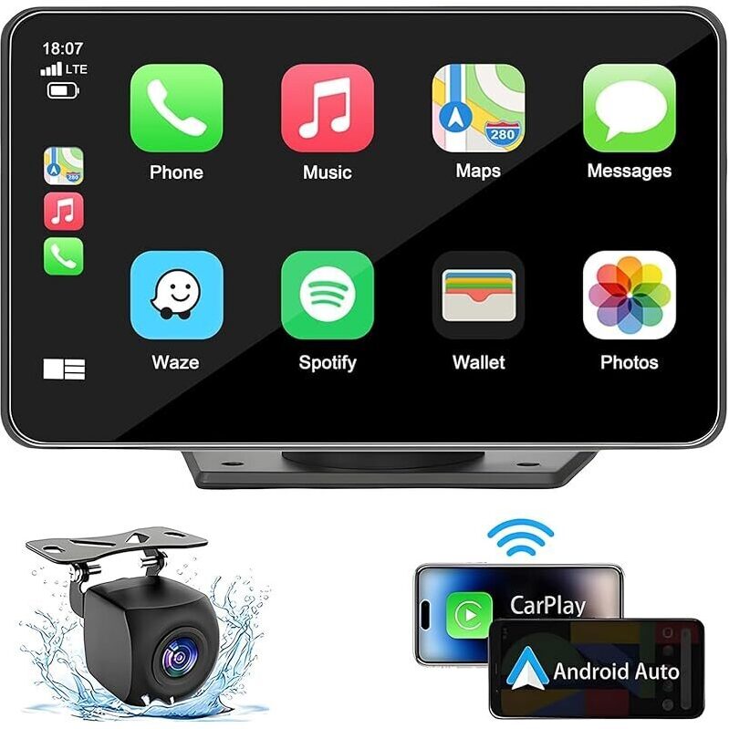 7-inch HD Portable Wireless Touch Carplay Radio with Adhesive Mount