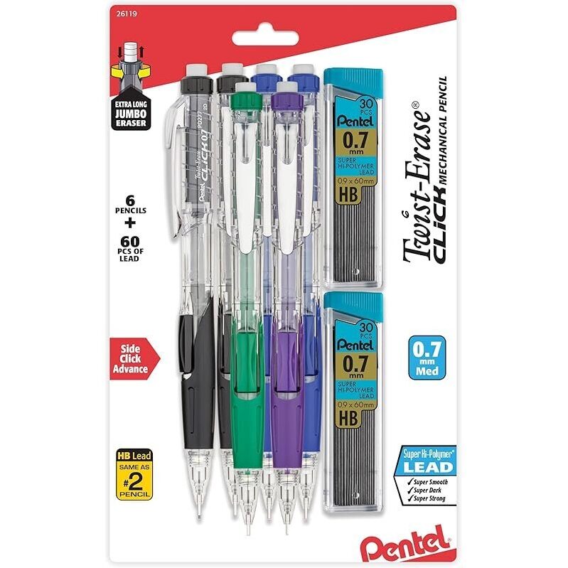 Pentel Twist-Erase Click Mechanical Pencil Set - High-Quality 6-Pack