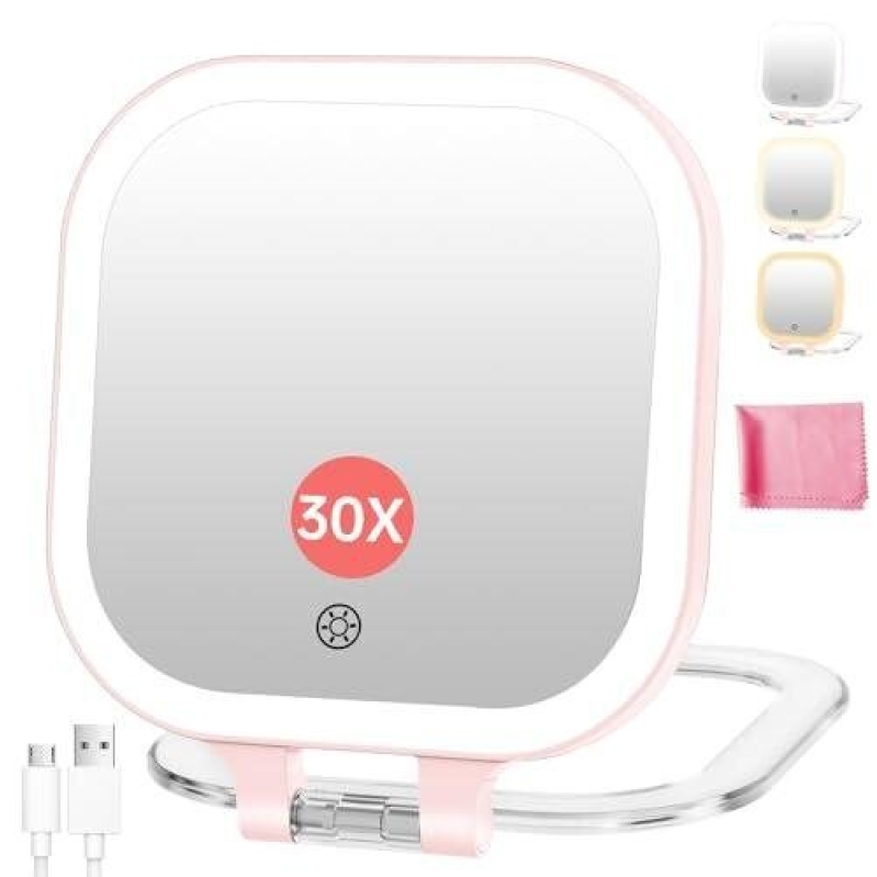 Portable 3.5-inch Makeup Mirror with Light - 30X Magnification, Pink