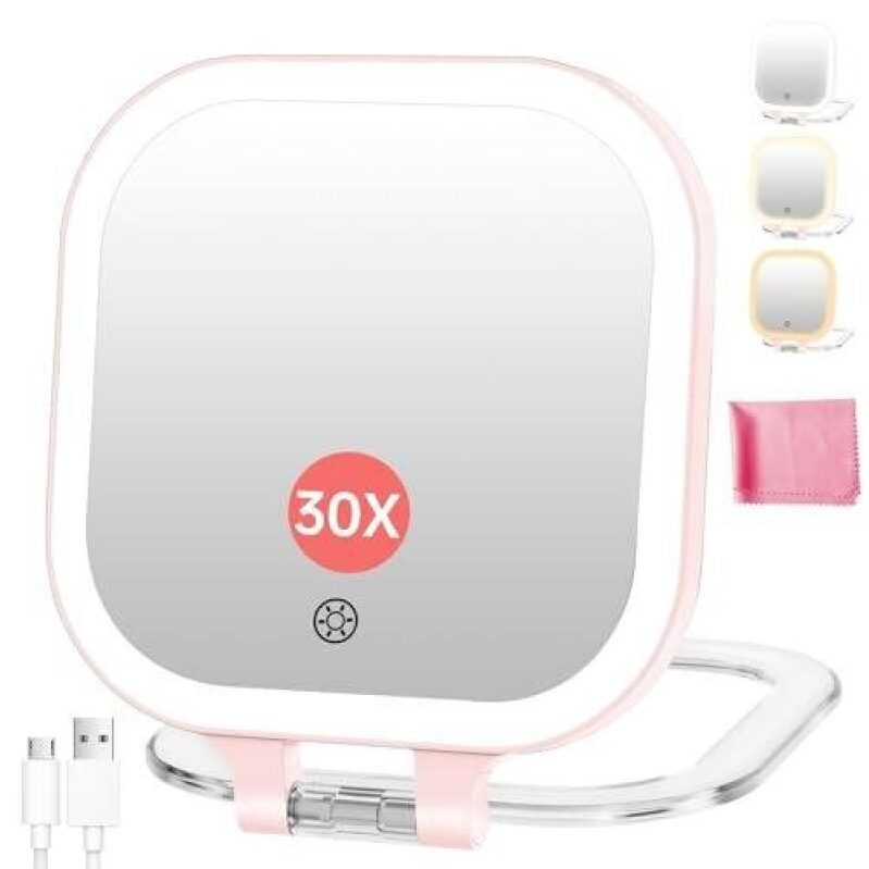 Portable 3.5-inch Makeup Mirror with Light - 30X Magnification, Pink