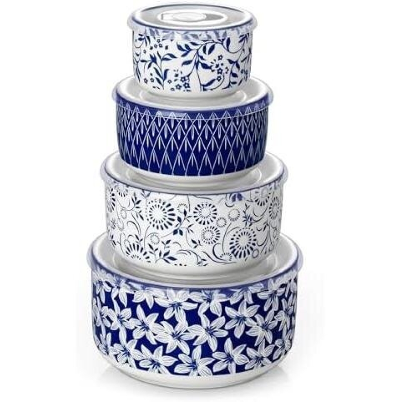Ceramic Storage Bowls Set - 4 Piece with Lids - 60+36+20+10 Ounces