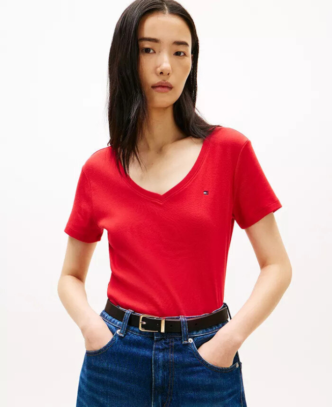 Tommy Hilfiger Women's Ribbed Slim V-Neck T-Shirt - 5 Colors Available