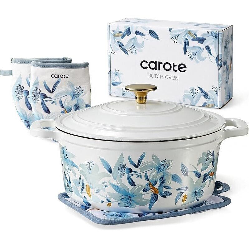 Carote 5 QT Cast Iron Dutch Oven - Floral Enameled Design