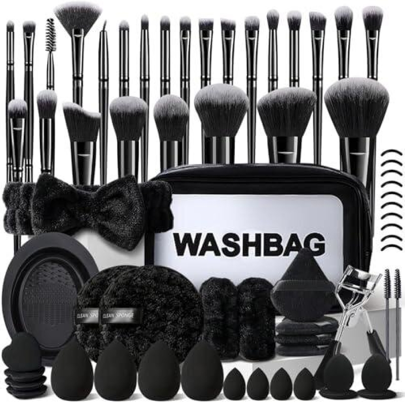 56-Piece Black Makeup Brush Set with Washbag - Professional Quality
