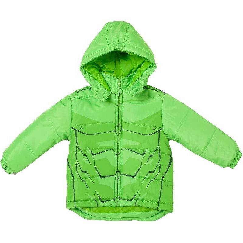 Marvel Zip Up Cosplay Puffer Jacket for Toddler, Hulk Green - Stylish Winter Coat