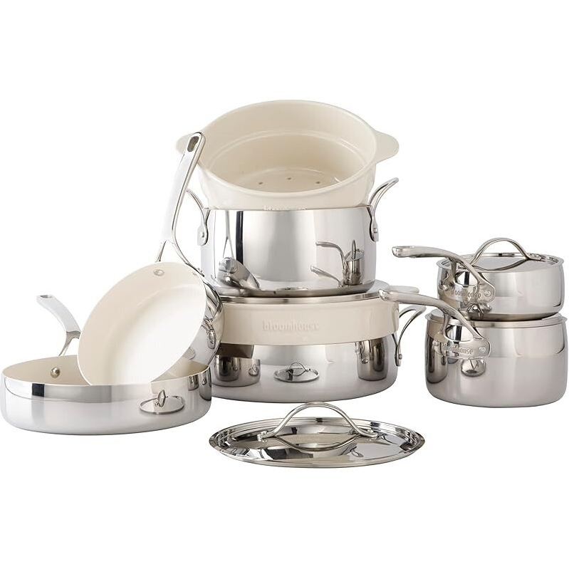 12-Piece Stainless Steel Cookware Set with Ceramic Inserts