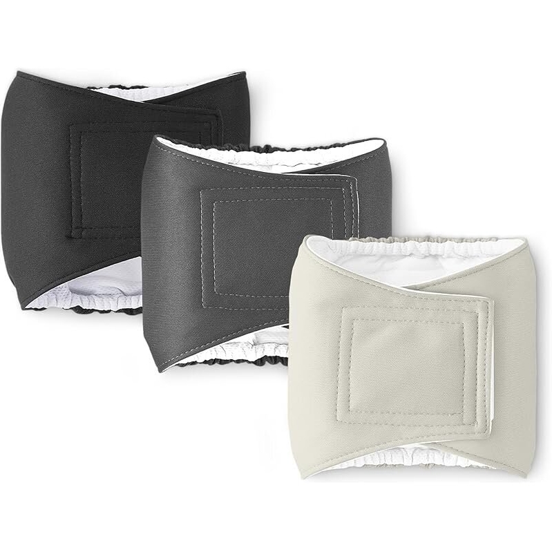 3-Pack Reusable Dog Diapers for Male Dogs - XS Size - Black, Grey, Silver