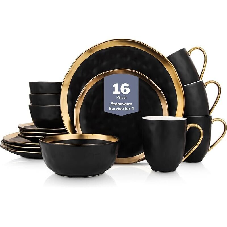 Elegant Black Porcelain 16-Piece Dinnerware Set with Gold Trim