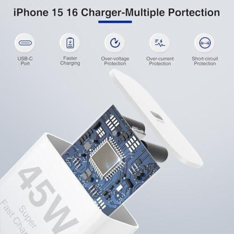 45W Apple USB-C Charger with 10ft Cable - Fast Charging for iPhone 15 & 16