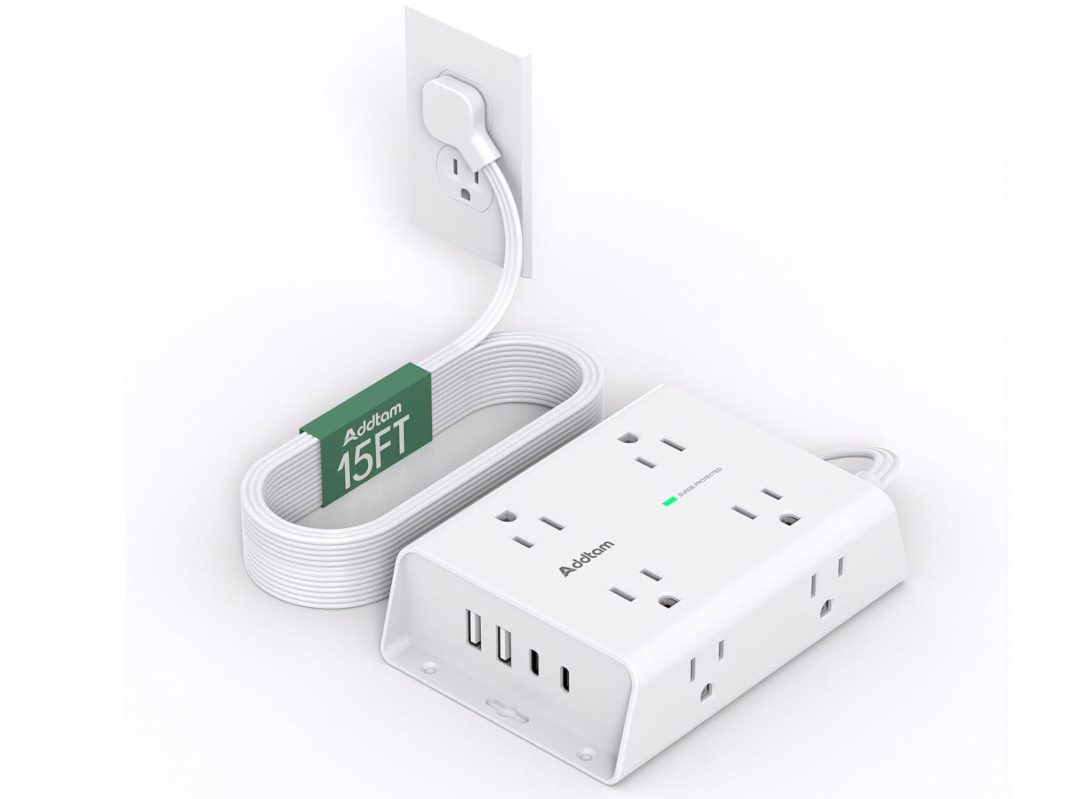 Flat Plug Extension Cord with 8 AC Outlets and 4 USB Ports - 15FT