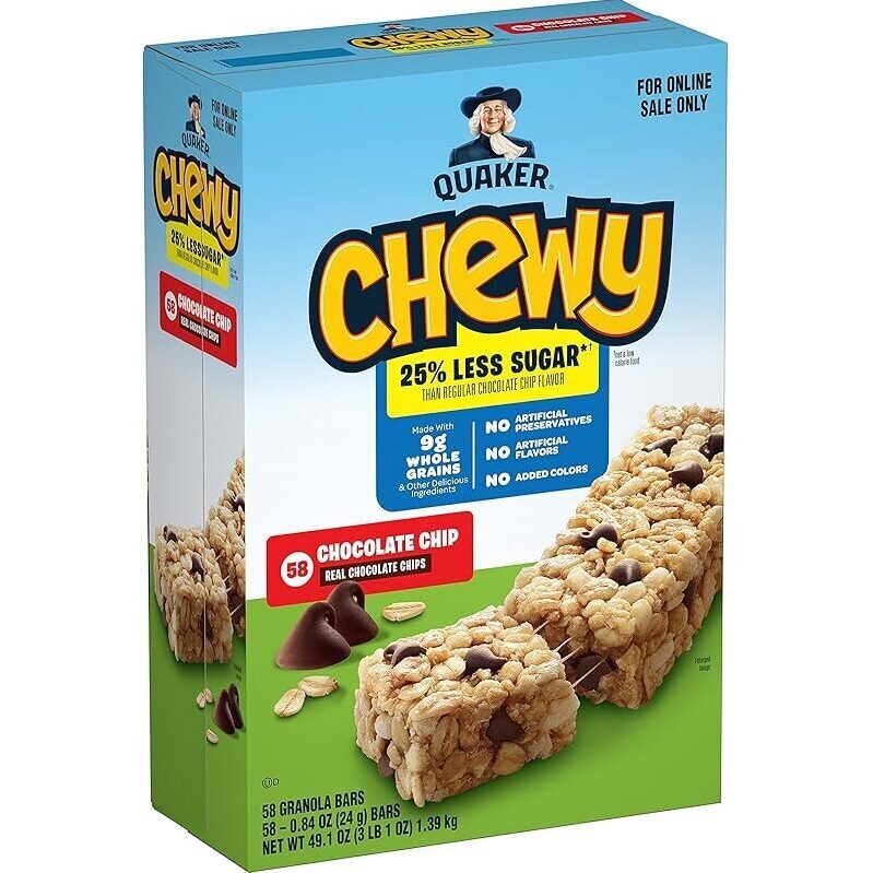 58-Count Quaker Chewy Lower Sugar Granola Bars Chocolate Chip