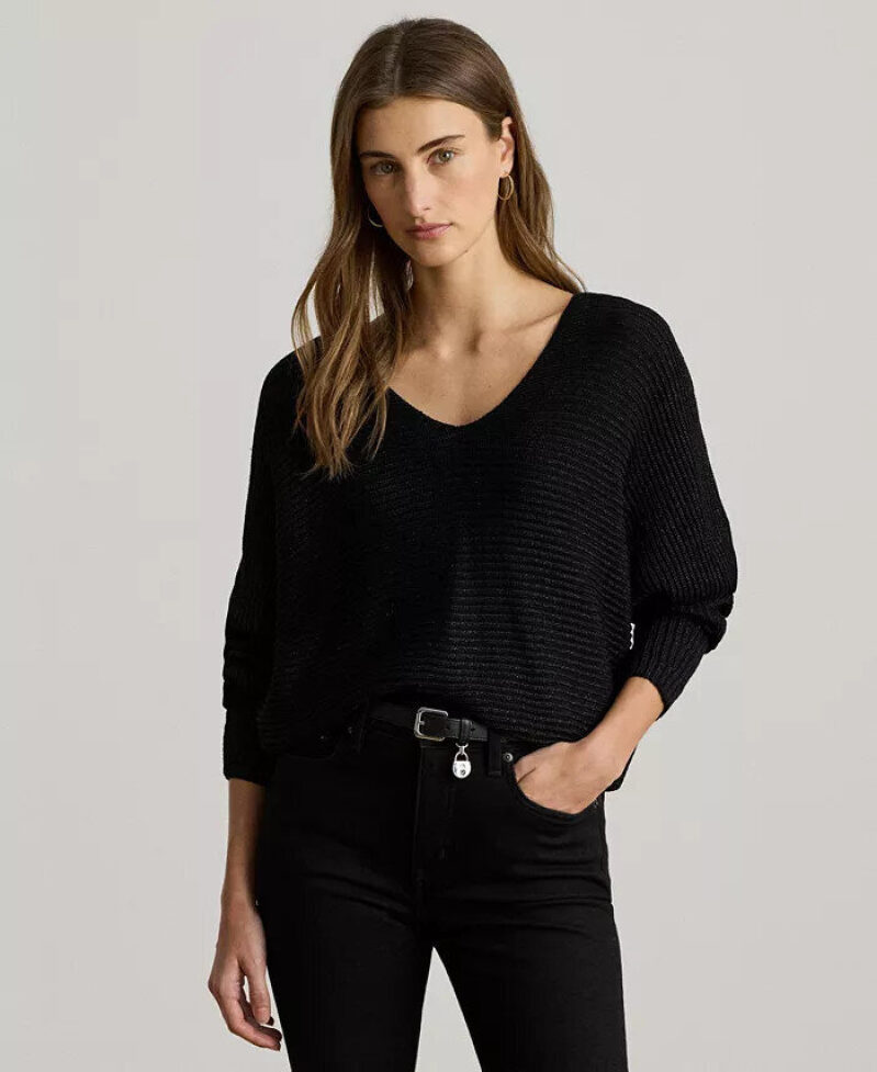 Lauren Ralph Lauren Women's Metallic Knit V-Neck Sweater - Perfect for Casual & Commute