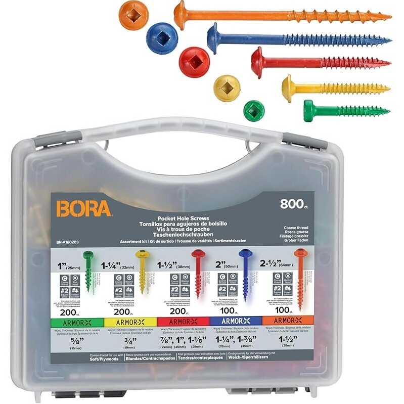 Bora 800 Pocket Hole Screws Assortment Kit Self Tapping Fine/Coarse