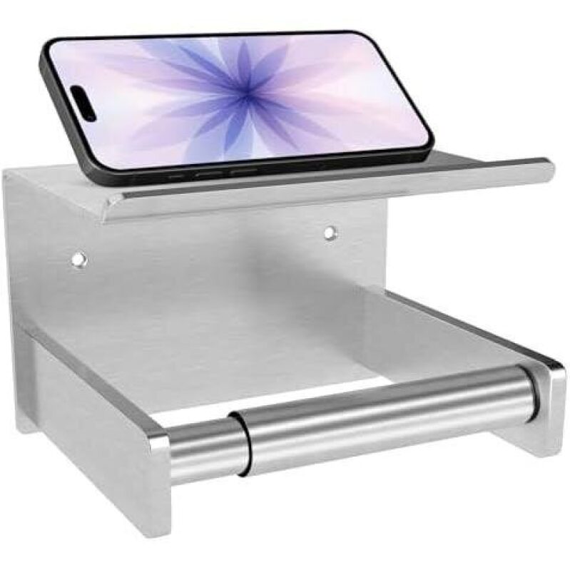 No-Punch Stainless Steel Toilet Paper Holder with Spring Rod and Shelf