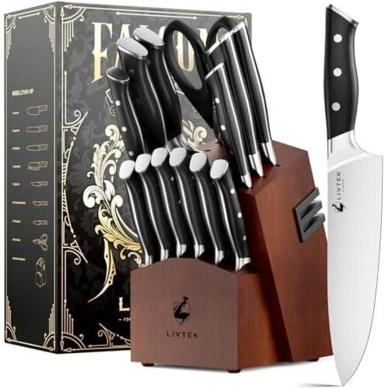 Livtek 15-Piece High-Carbon Steel Knife Set with Sharpener - 47% OFF