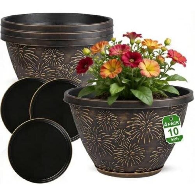 4 Set 10 Inch Plant Pots with Drainage Holes and Planters