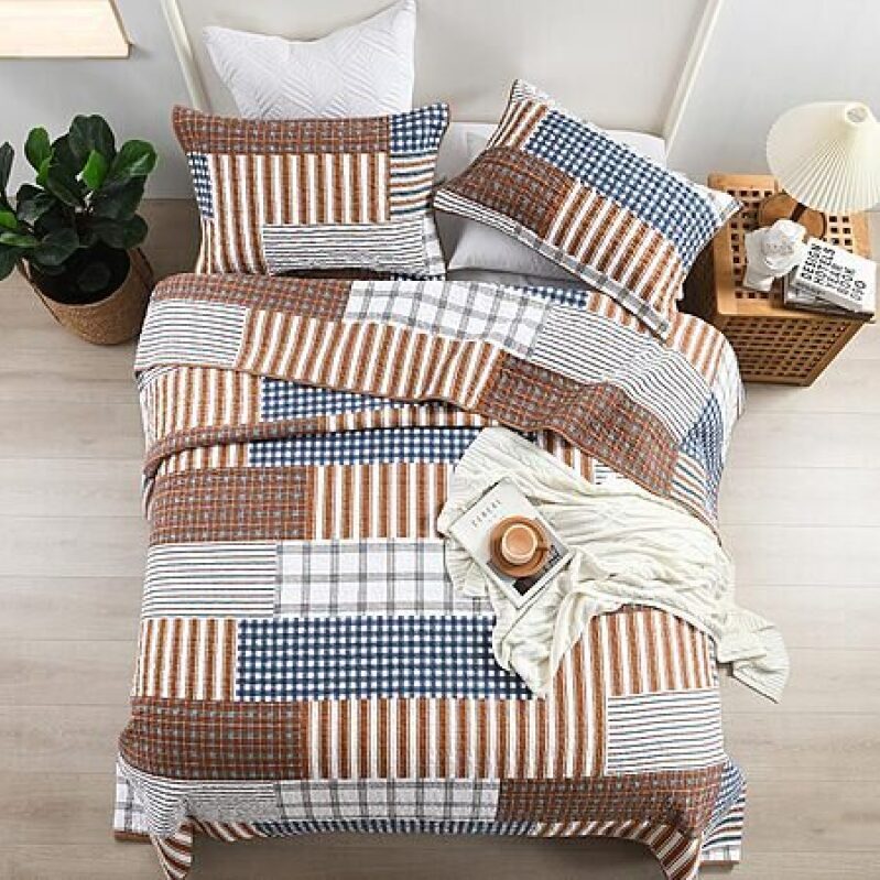 WINLIFE Cotton Plaid Quilt Set - Queen Size Bedspread with 2 Shams